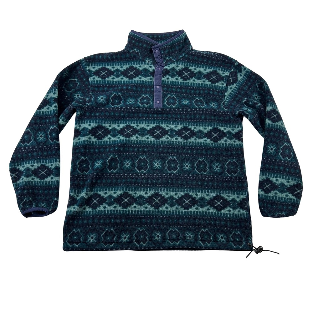 LL Bean Fleece Pullover Womens Large Fair Isle Snap T Neck Teal Navy Blue Aztec